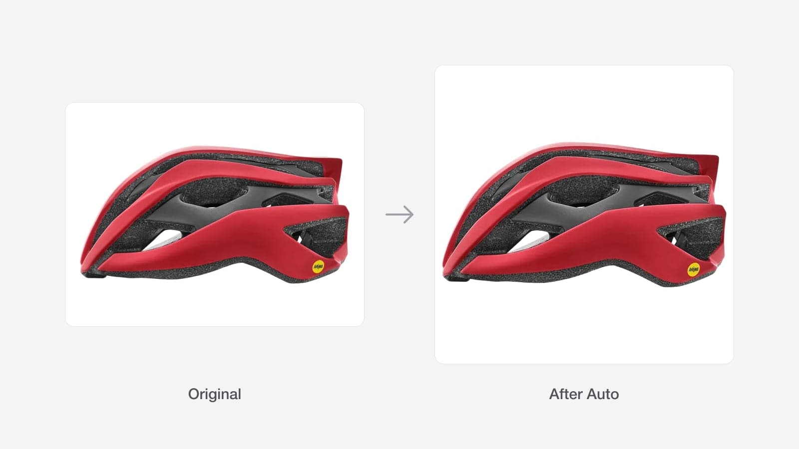 A helmet photo before and after Auto: the original landscape image, then a square version with the helmet centred and an even white border