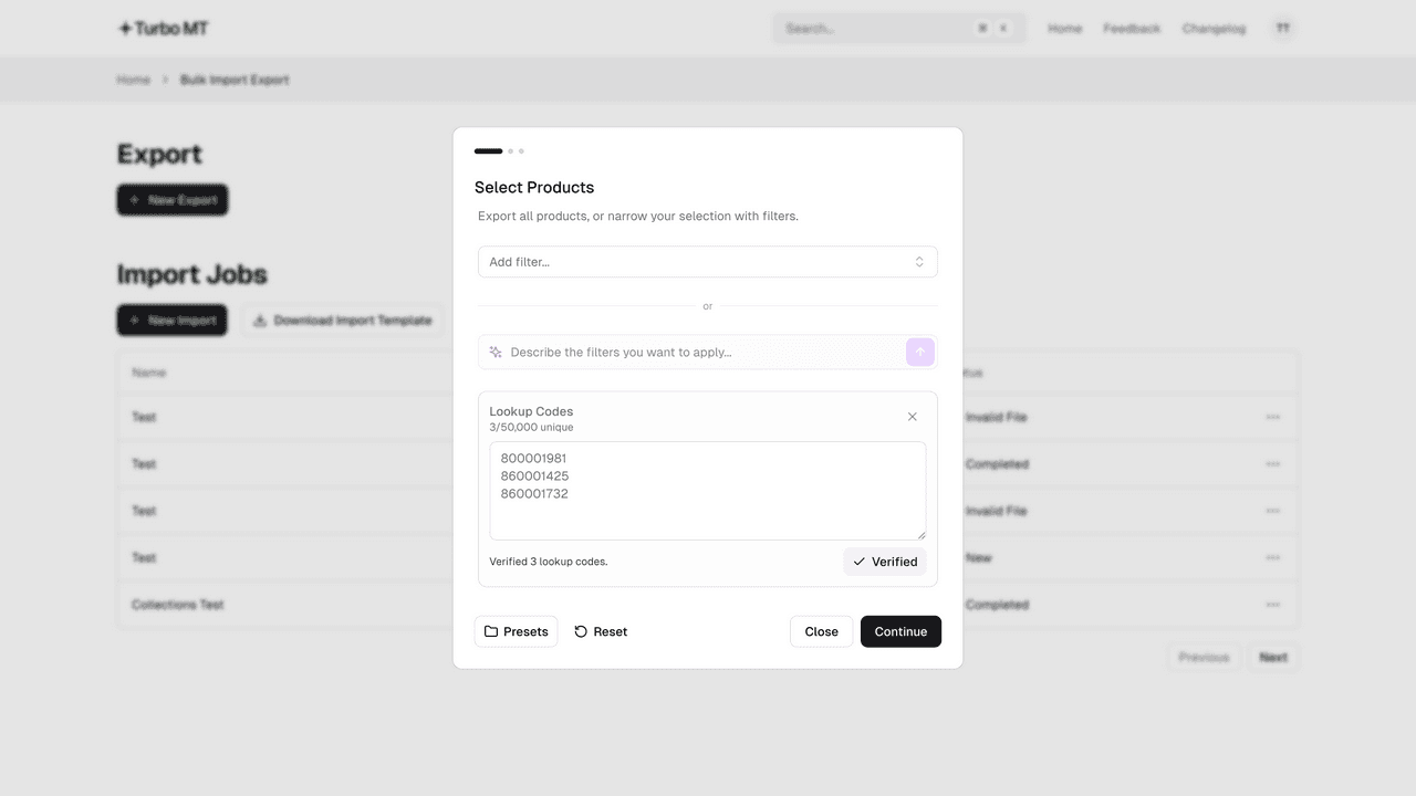 The Select Products step of an export, with three lookup codes pasted into the Lookup Codes filter and verified