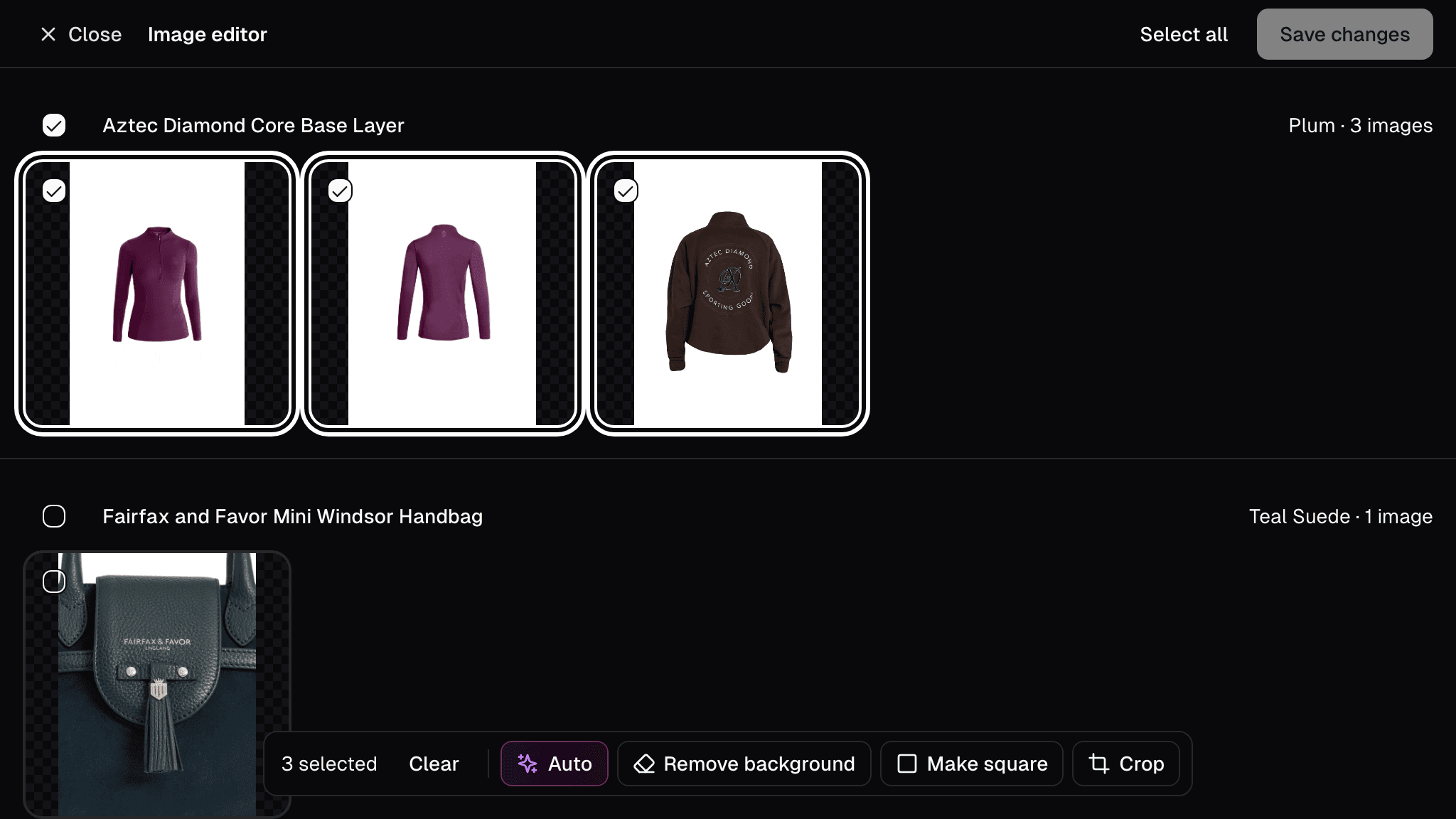 The image editor with a product's three photos selected and the Auto, Remove background, Make square and Crop buttons