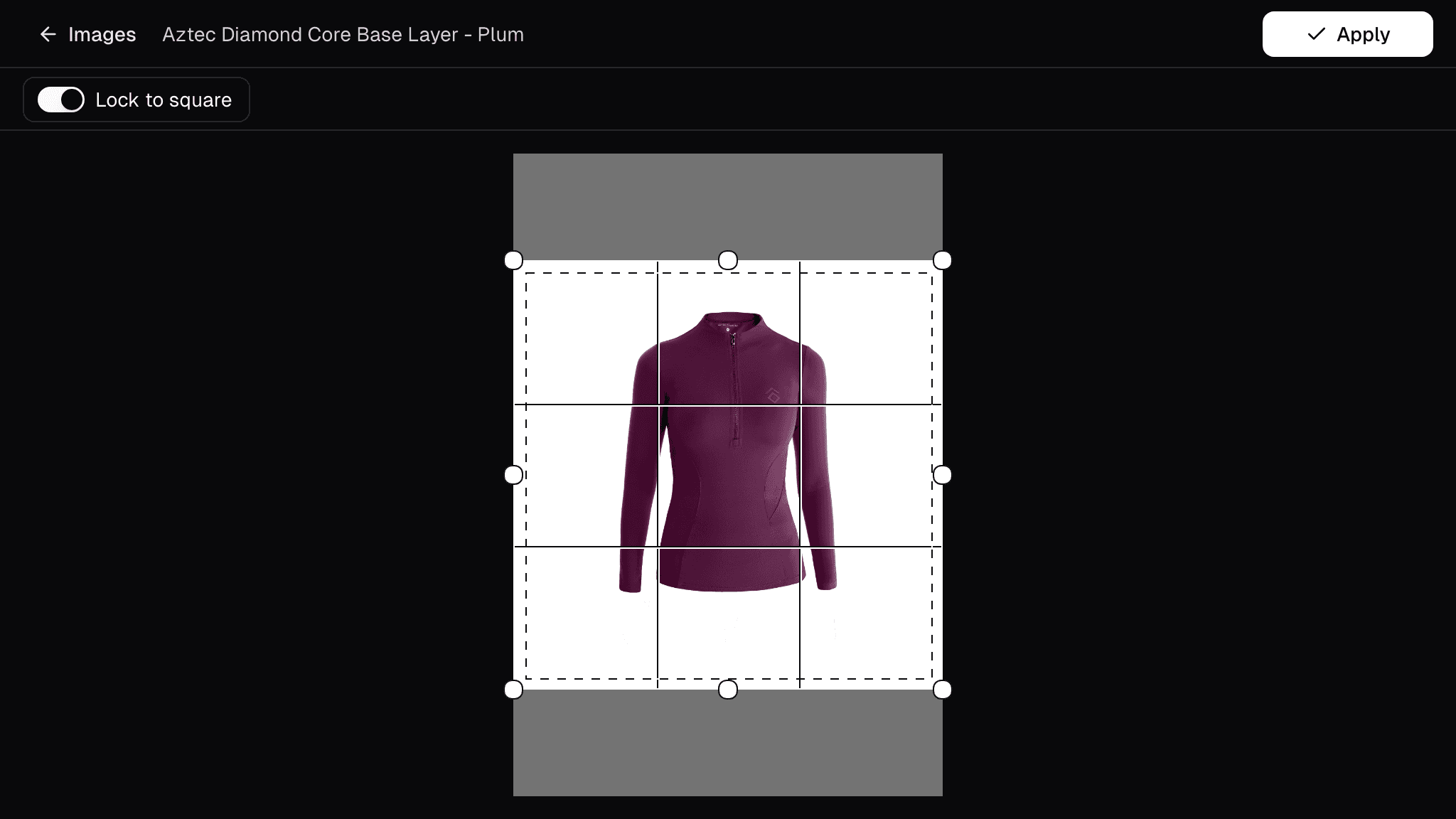 Crop on one photo, with a square frame to drag and a dashed guide for the white border