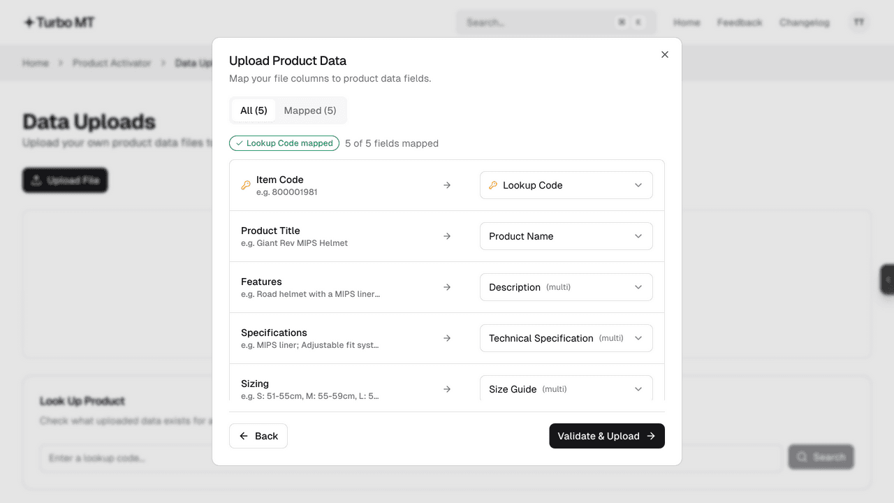 Uploading a supplier file and matching its columns to Lookup Code, Product Name, Description, Technical Specification and Size Guide